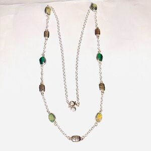 Gloria Vanderbilt Silver Tone Chain Green & Opal Charms  36" Fashion Necklace